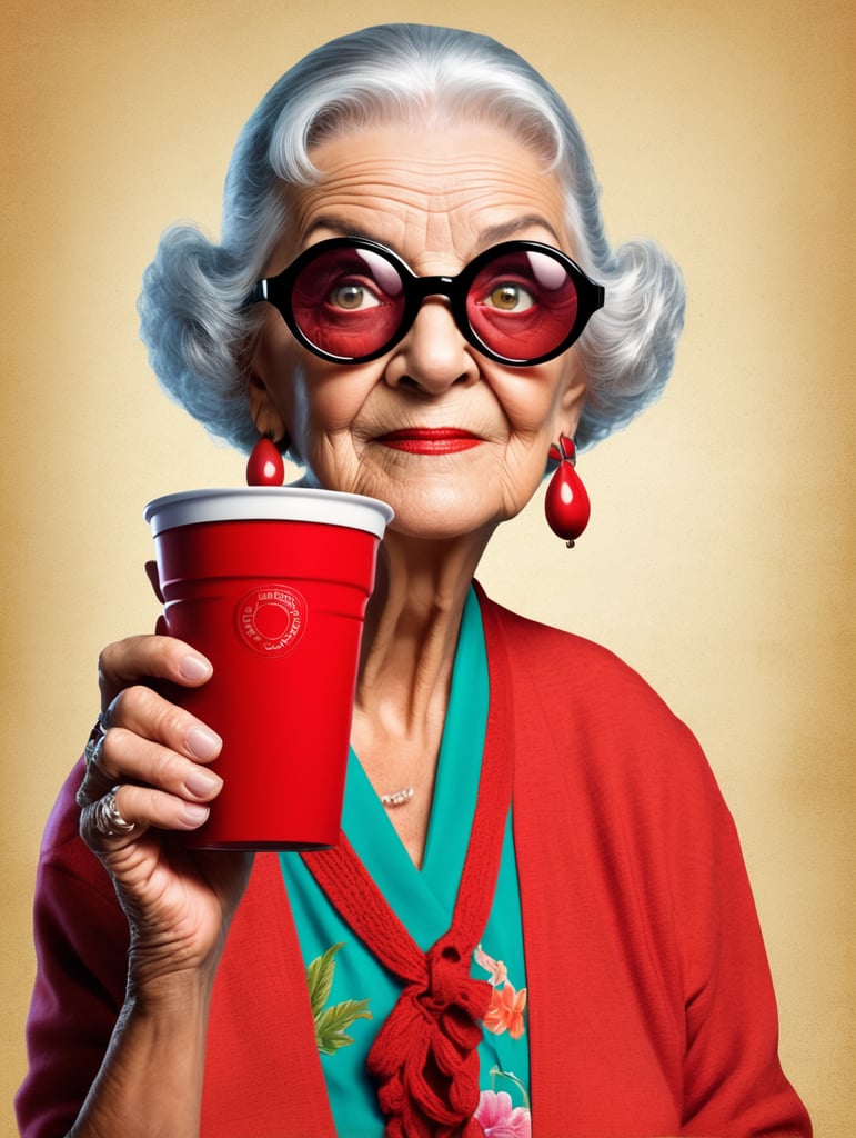 Miami granny holding a red cup eye-catching poster-style drawing and illustration representing the iconic pulp style.