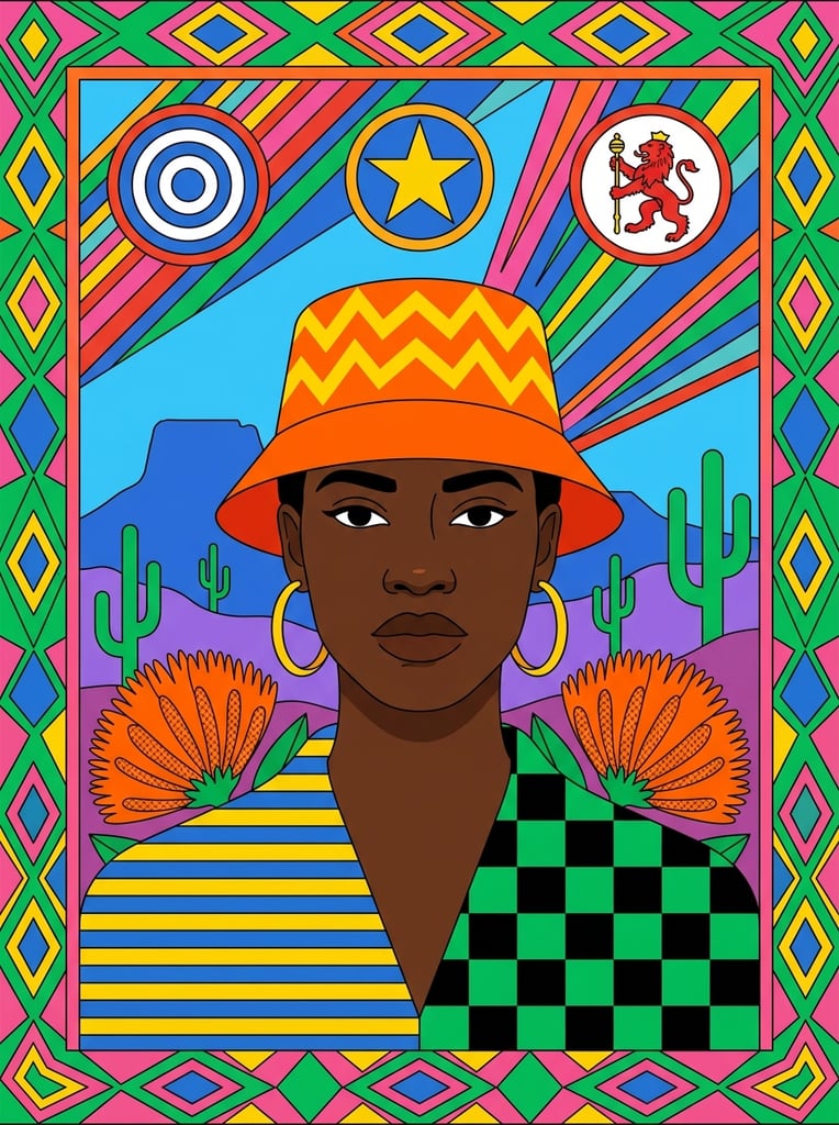 A vibrant, highly graphic portrait of a dark-skinned figure centered within a symmetrical composition of geometric patterns. The figure gazes directly forward, wearing an orange bucket hat with yellow zig-zags, gold hoop earrings, and a garment split between blue-and-yellow stripes and black-and-green checks. Behind them, a stylized landscape features a flat-topped blue mountain, purple terrain, green cacti, and a blue sky. Above, the backdrop bursts with diagonal stripes and three circular medallions containing concentric circles, a yellow star on blue, and a red lion with a staff. Large orange feathery flowers flank the shoulders. A thick frame of repeating diamond and triangle motifs in vivid green, pink, yellow, and blue surrounds the scene. The flat rendering technique uses crisp edges and unshaded solid color blocks to create a bold, maximalist aesthetic.