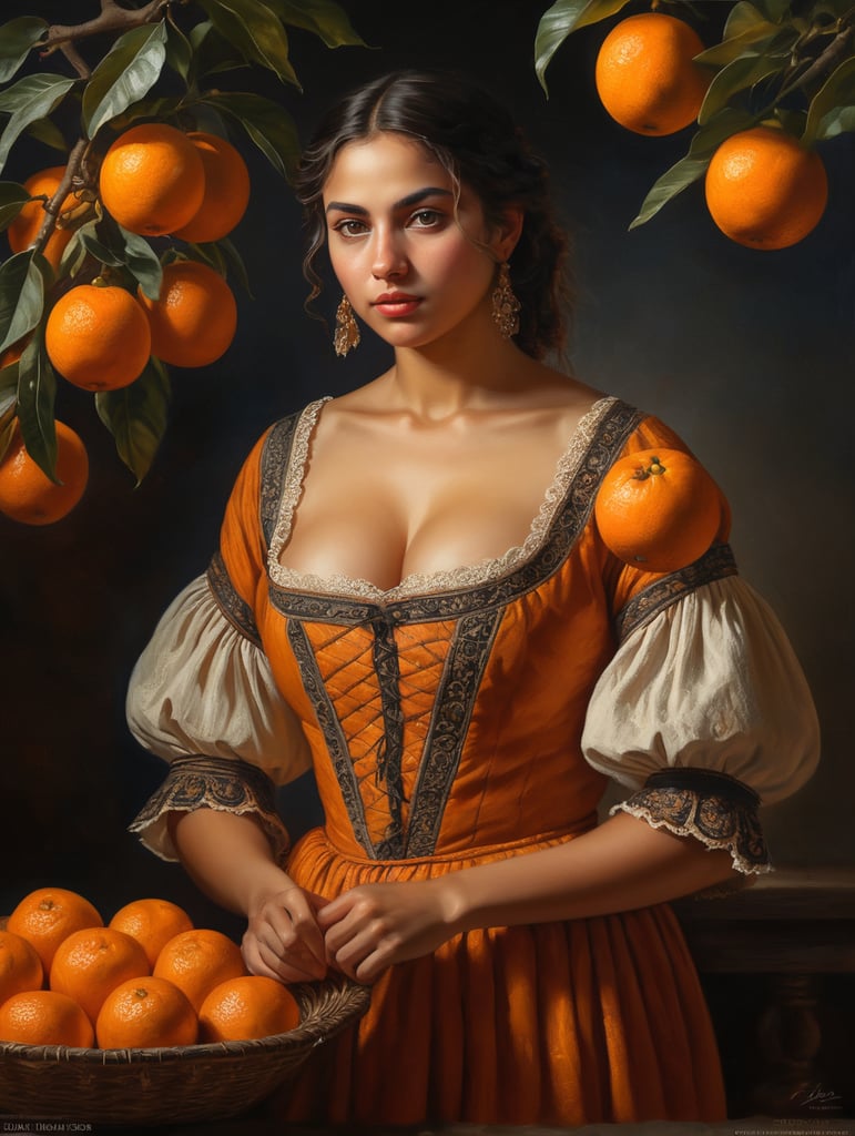 Oil painting on canvas. Portrait of a young, dark and beautiful Italian girl growing oranges from Sicily in 17th century Italian folk peasant clothing with a plunging neckline and full breasts, dramatic lighting, depth of field, orange trees in the background. Oranges should have a beautiful, even structure. Incredibly high detail holding fresh oranges in hand