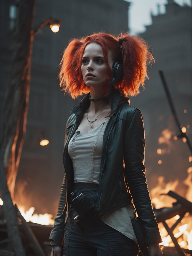 red-haired gamer witch with headphones on a large fire, tied to a pole with yeezys on feet