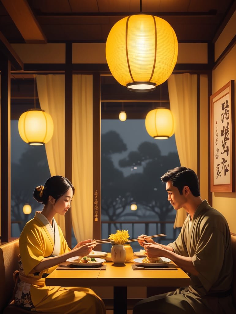 couple dinner at japanese restaurant with yellow light ambience, disney art style