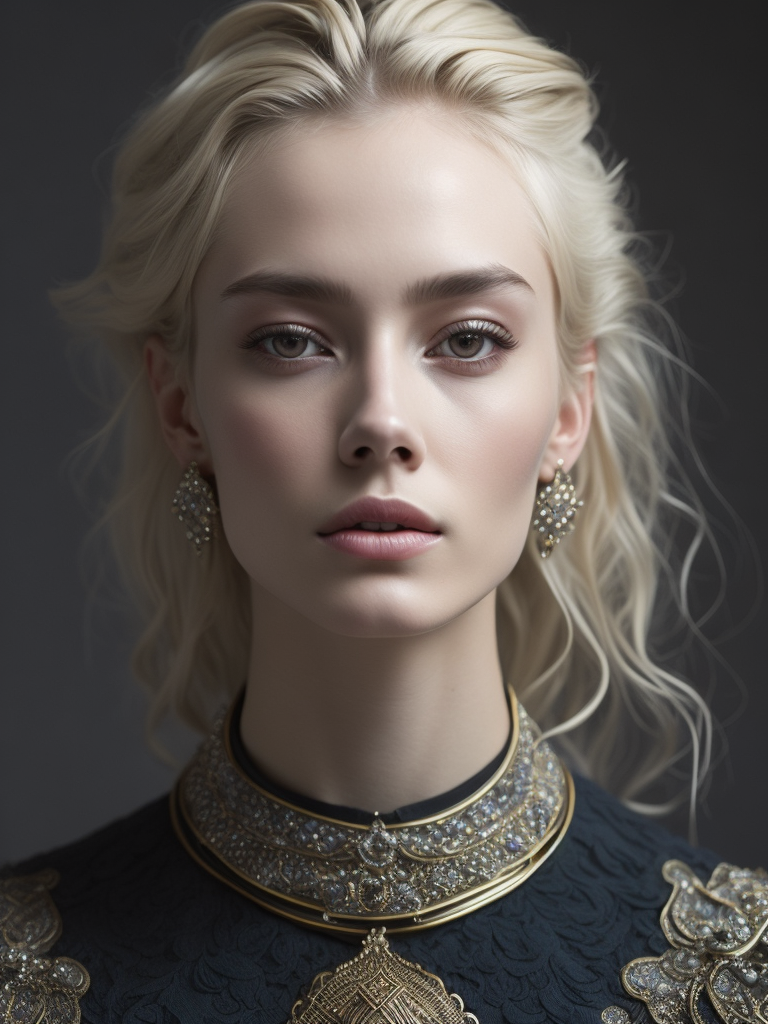 A beautiful painting featuring a young blonde woman and jewelry, in the style of zhang jingna, rinko kawauchi, baroque - inspired details, dark gold and light blue, fanciful, dreamlike imagery, hyper - realistic details, enchanting realms