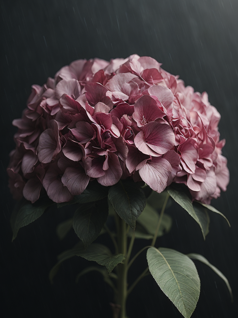 pink and red hortensia, dark atmosphere, deep colors, clear details, vibrant blooms, moody ambiance, rich hues, botanical beauty, intense floral, artistic precision