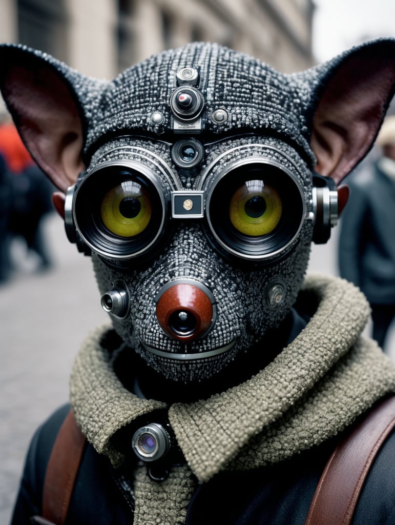 Leica portrait of an imp, coded patterns, sparse and simple, uhd image, urbancore, sovietwave, period snapshot