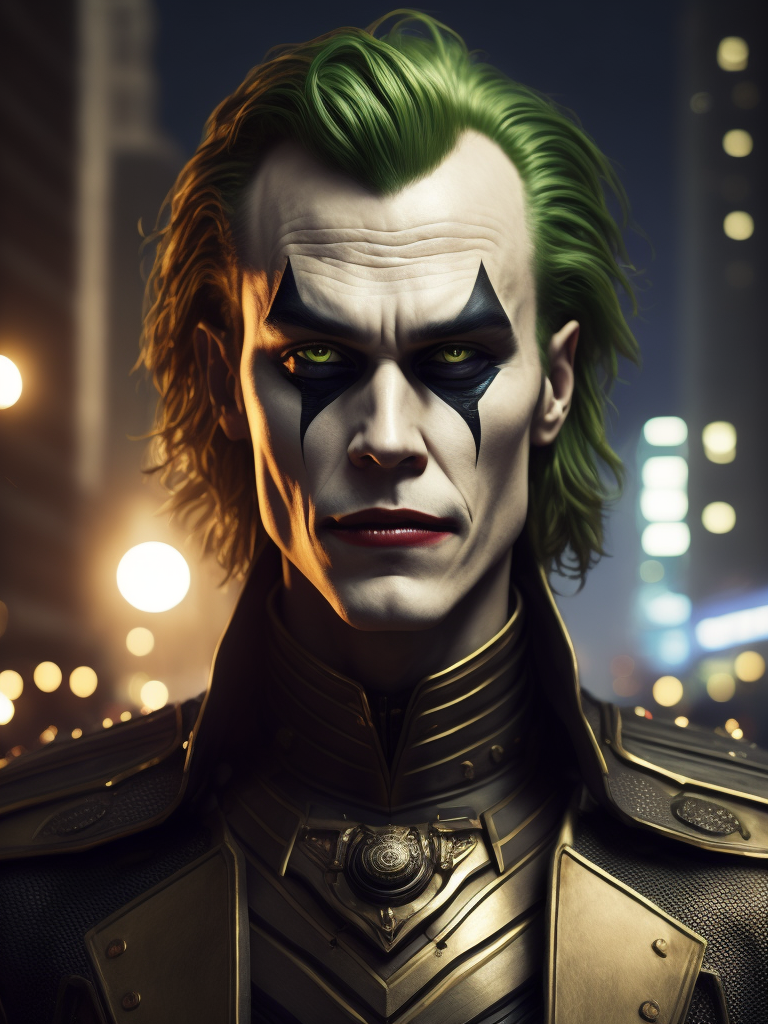 Ultra-sharp photography of male hero, heath ledger as dc joker sitting in an high fashion pose, bust shot, cybernetic face & body, perspective from under, + cinematic shot + dynamic composition, incredibly detailed, sharpen, details + pose from a hajime sorayama painting + steampunk suit with gold ornate armour attire with filigree details + futuristic city in background + evening with light + perfectionism + ultra detailed hair + ultra detailed skin + ultra detailed eye + dc joker in super haute couture + art by emil melmoth, giger, marcin nargraba, rebecca millen + high fashion + award winning realism + the composition is balanced and dynamic