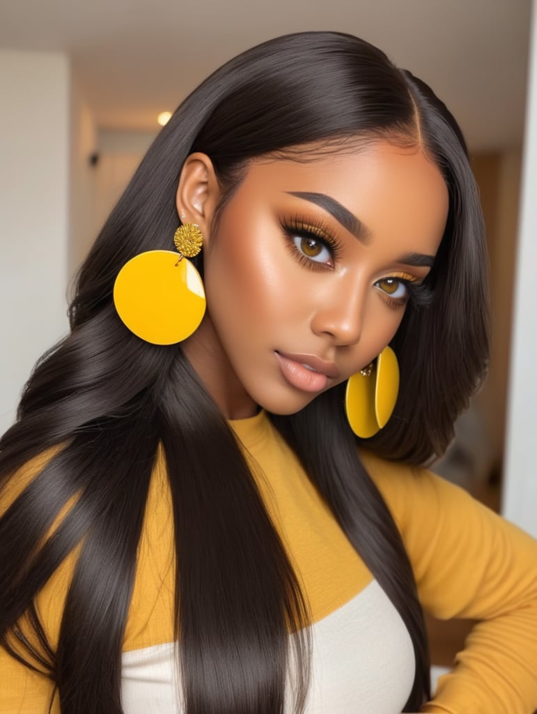 Pretty brown skin girl brown eyes long black front wig long lashes earrings bent over back with yellow on