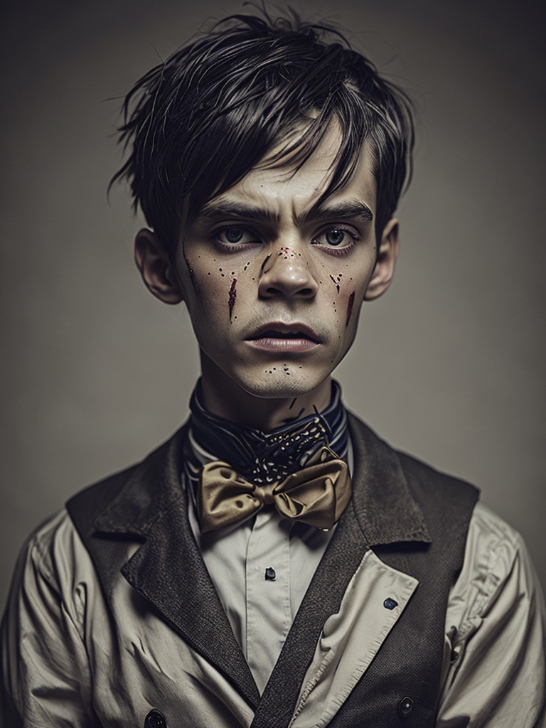 a wet plate photograph of a scary Pinocchio with dark bob haircut, neutral emotions on his face