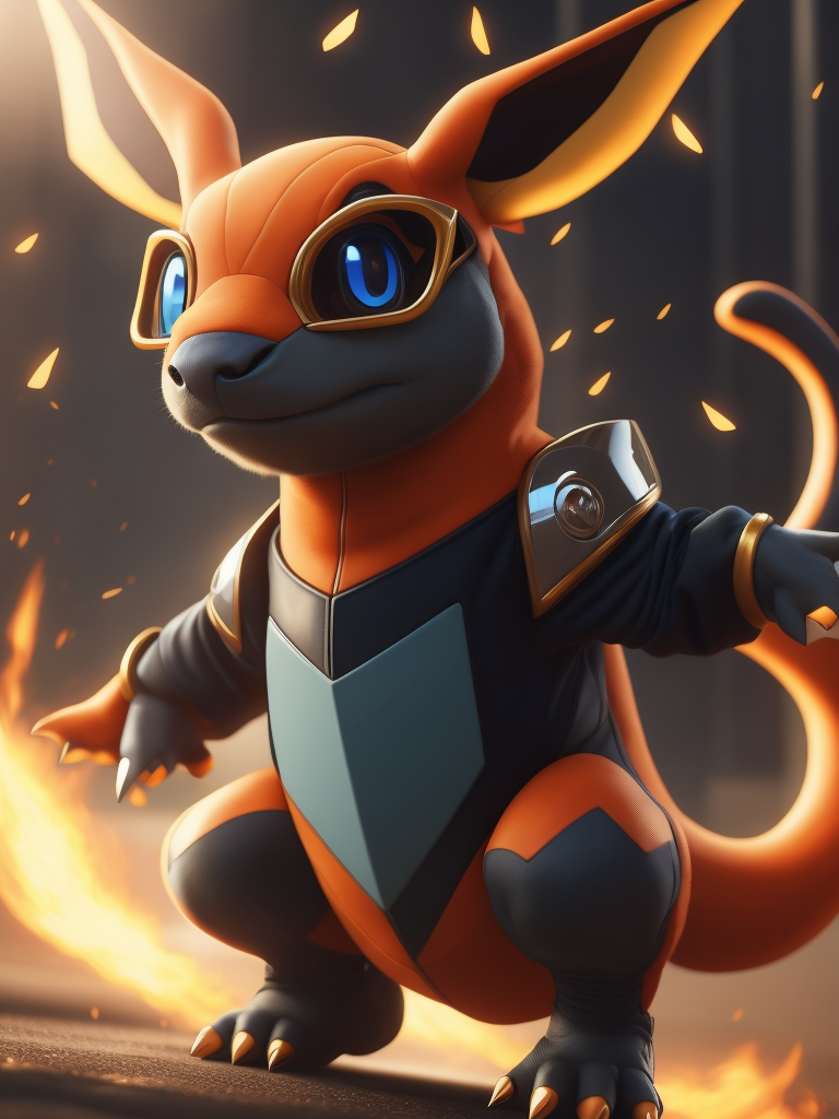 cute stylish pokemon Charizard dressed in stylish futuristic sportswear clothes, big sneakers and a futuristic glasses