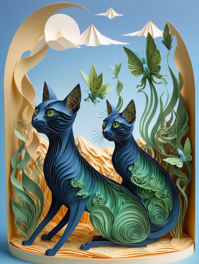 Green cats with very long, thin legs. Painted in the style of Salvador Dali. Blue sky.