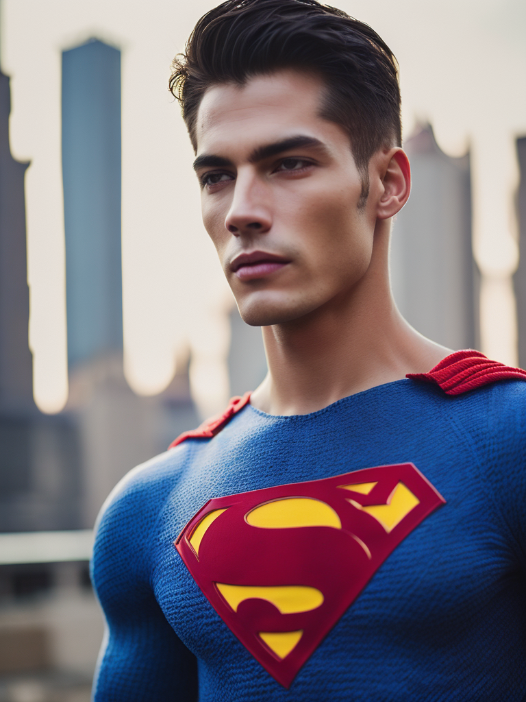 Portrait of a superman in a knitted suit, a blue suit with a red and yellow superman logo on the chest, a city in the background, a blurred background, professional shot, bright saturated colors, sharp focus, highly detailed