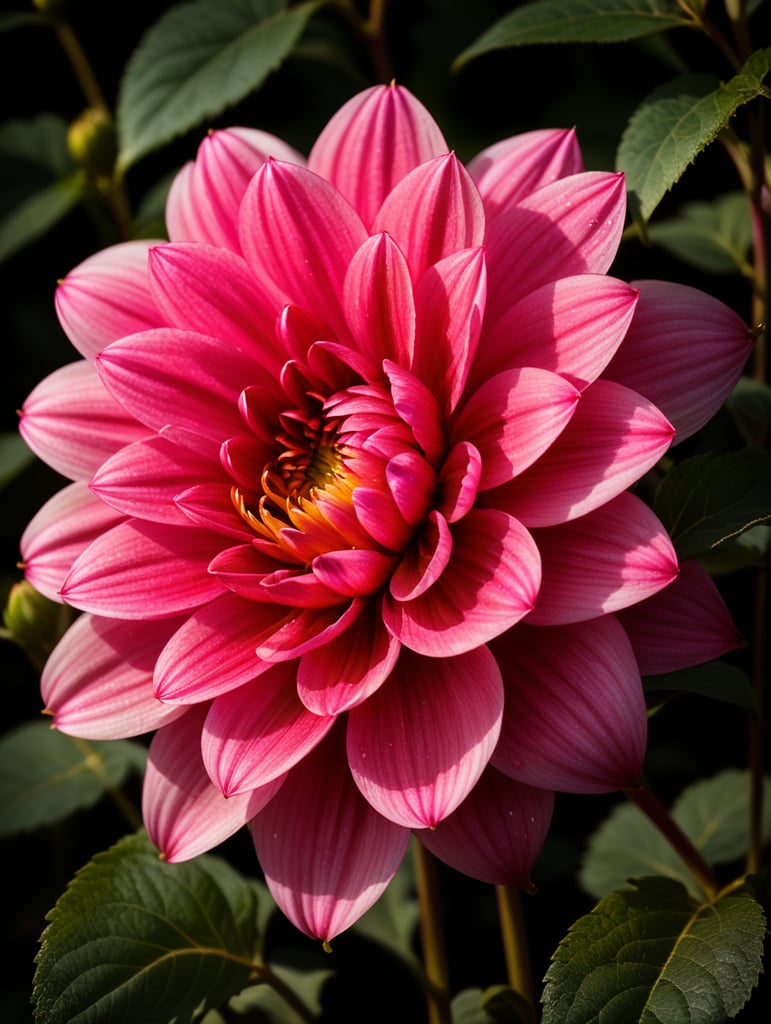 Realistic pink dahlia flower with leaves. Let there be dew grains on it. dark background