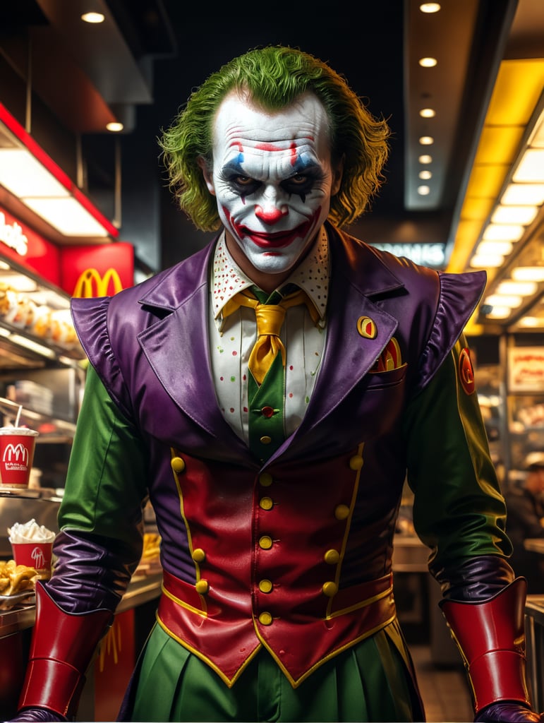 Joker in Ronald McDonald's costume working at McDonalds