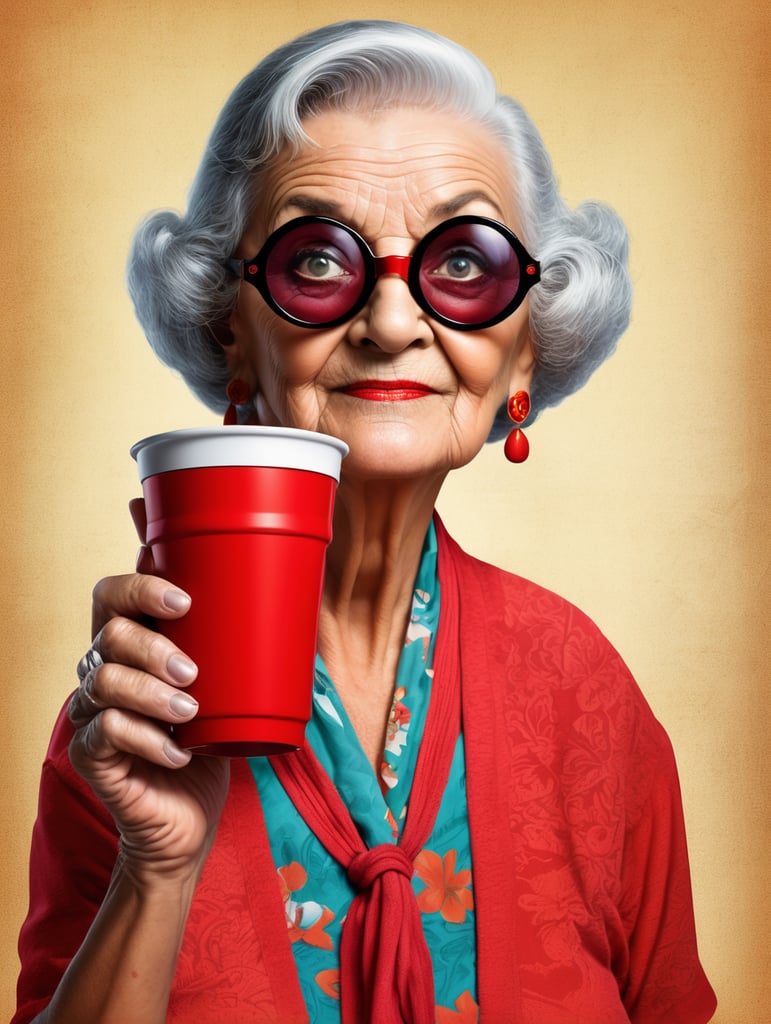 Miami granny holding a red cup eye-catching poster-style drawing and illustration representing the iconic pulp style.