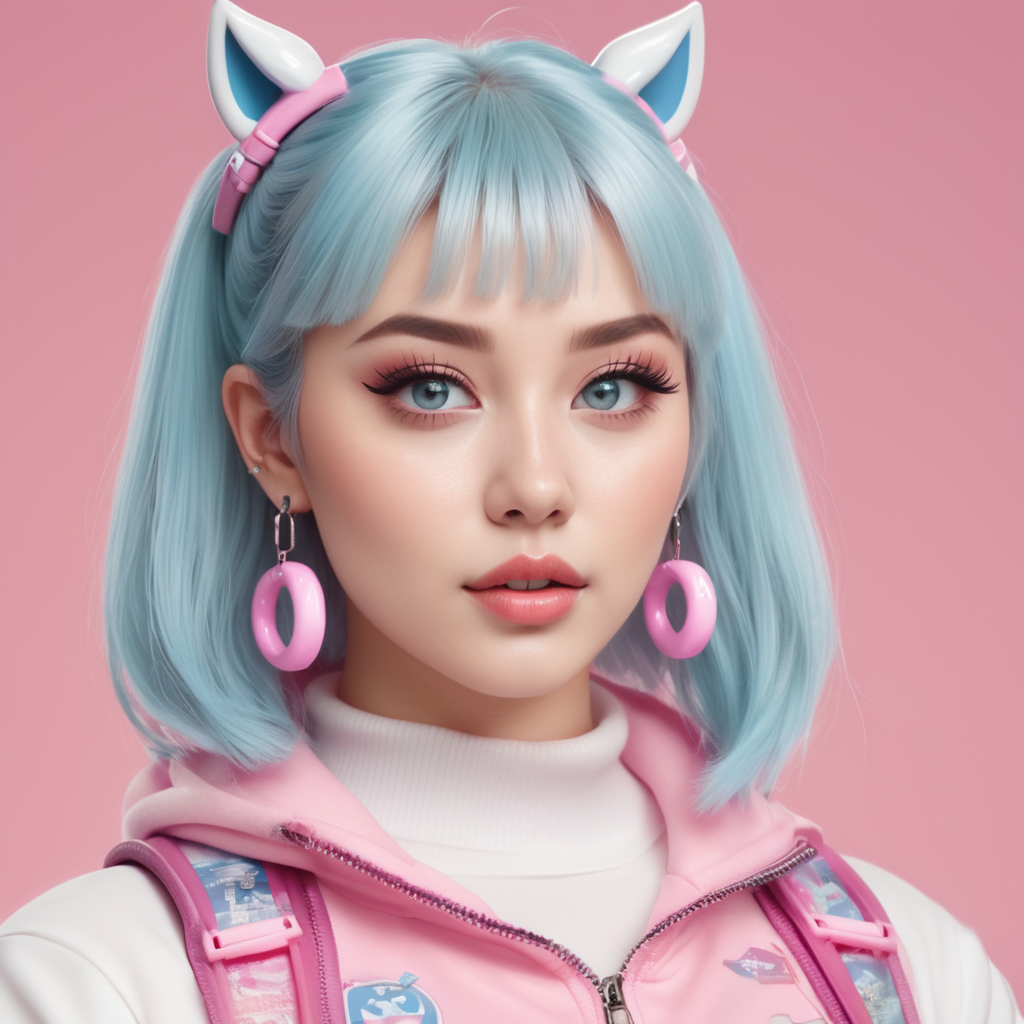 Create a pixel art: woman, white skin, very light blue eyes, slightly thick and dark eyebrows, full mouth with nose piercing in the silver horseshoe-shaped septum, with two silver-colored Snake Bites style mouth piercings, one in each corner of the mouth, with short pink hair with short straight bangs, wearing a pink headset with kitten ears, drinking and holding a clear glass bottle, containing bubble tea drink, with a bright purple straw, dressed in a pink sweatshirt with the print of a super cute kawaii-style kit, sitting on a pink gamer-style chair, with a vaporwave-style neon background.