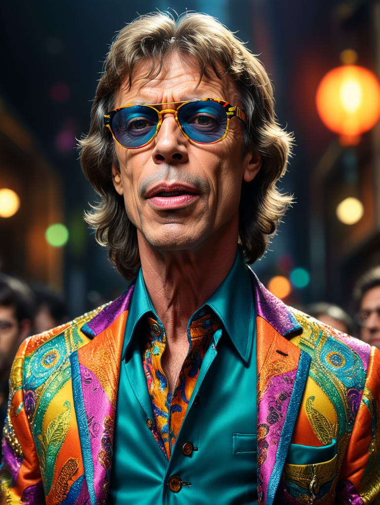 Mick Jagger wearing a brightly patterned jacket and wayfarer glasses, Vivid saturated colors, Contrast color