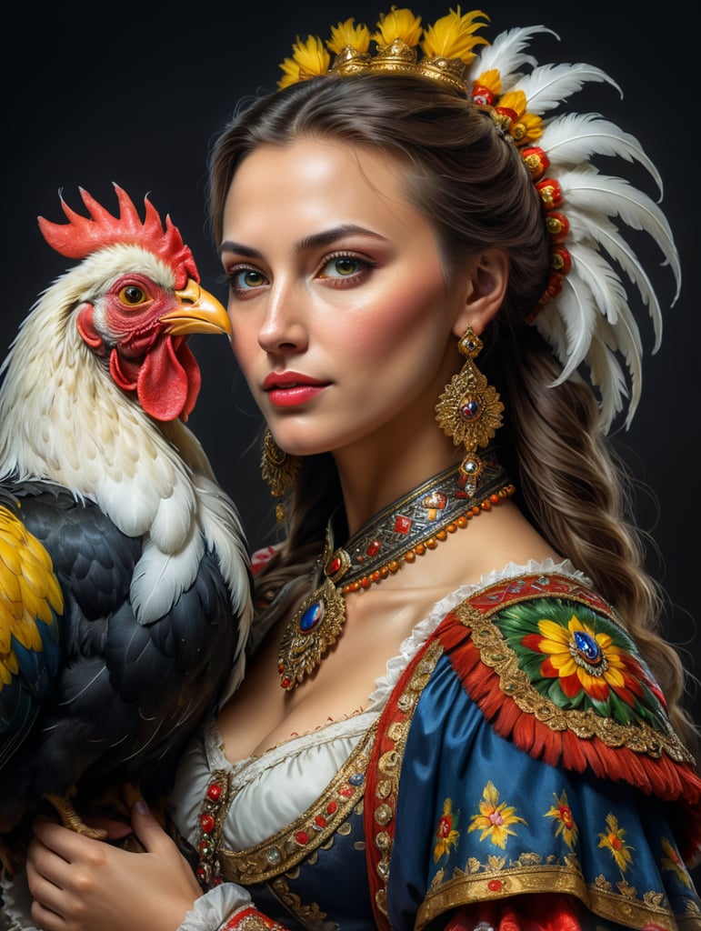 Portrait of a Beautiful women from Romanian fairytale wearing traditional costume hugging a Rooster