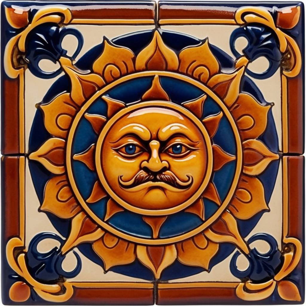 Square ceramic glazed tile with medieval art angry sun, Azulejo