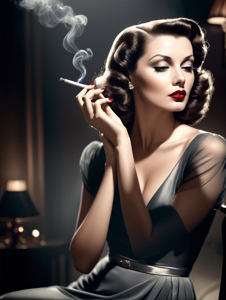 pulp comic style, 1940's actress smoking cigarette, film nior