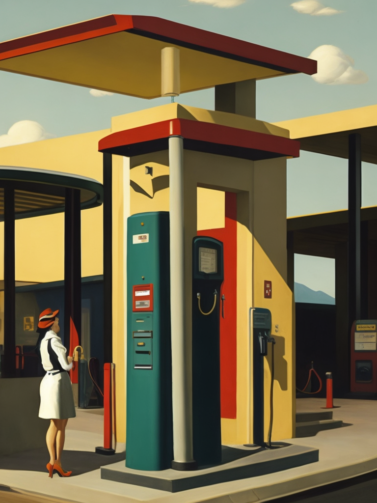 1940s beautiful woman, embrassing petrol pump, at a petrol station, by edward hopper, de chirico, flat paint, art deco style, 1940, steam train in landscape, highly detailed, minimalist, sharp focus