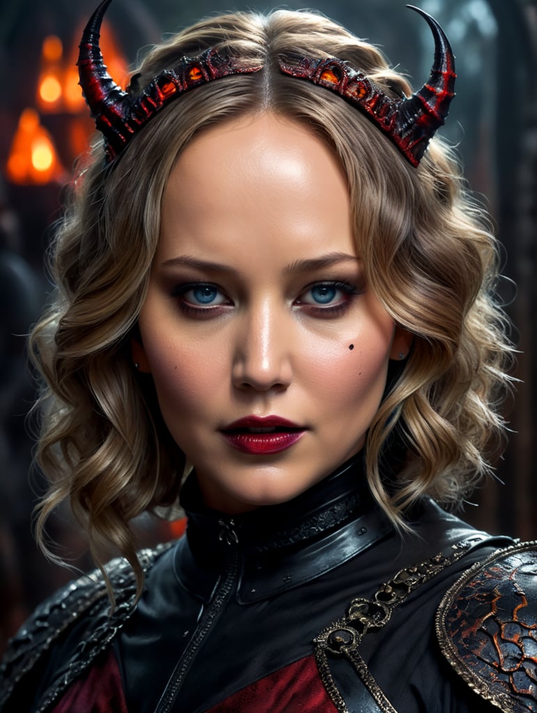 Portrait of Jennifer Lawrence as an evil character wearing a creepy and spooky Halloween costume, Vivid saturated colors, Contrasting color