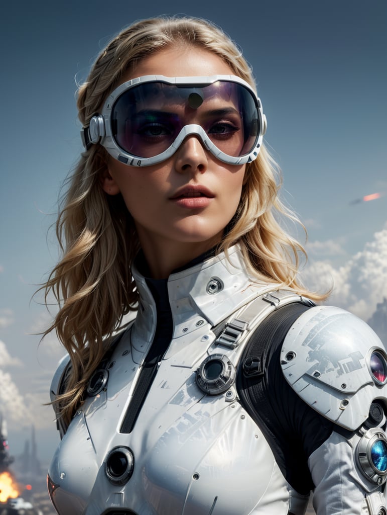 full body beautiful supermodel female model all white wearing futuristic female starwars model and astronaut style goggles in blonde hair looking to the right. No background, 8k, surrealistic