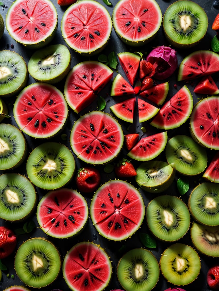 Colorful sliced fruit pieces, top view, watermelon, dragon fruit, kiwi, strawberry