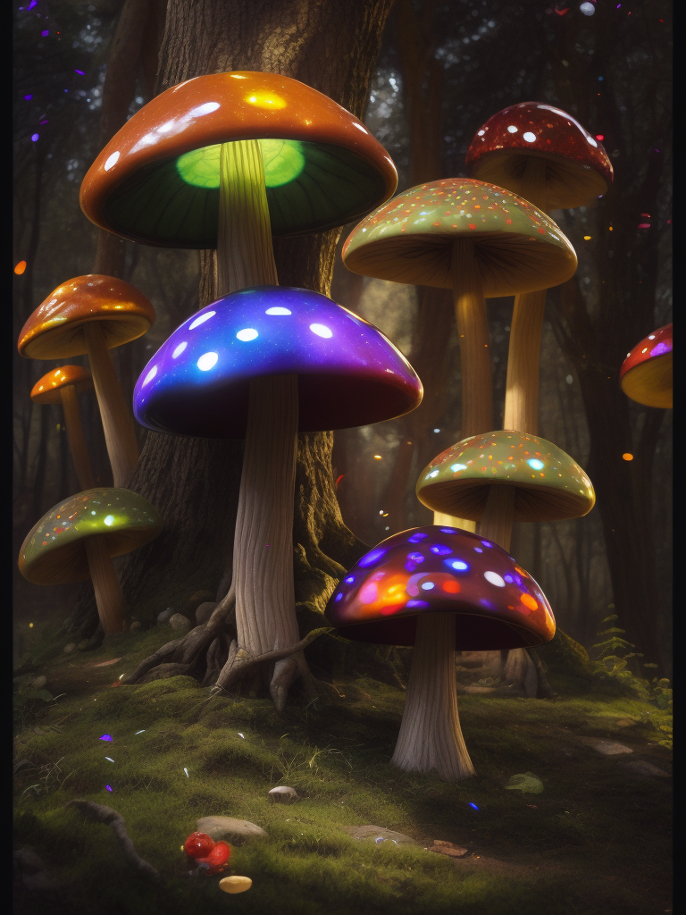 42 mushrooms of various sorts growing under the trees of the fabulous dark mysterious forest. The caps of rainbow mushrooms are covered in glitter and glow from the inside in various acidic colors. Fantastic Poison Mushrooms grow at the foot of the tree. Fairytail style , photorealistic details and clear, sharp and colorful high-resolution picture. Lewis Carroll, Alice's Adventures in Wonderland style.