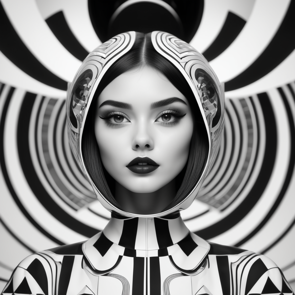 Cute girl model, retro futurist of high fashion, made in symmetrical black and white psychedelic style, black and white beauty, optical illusion, glitch art, flirty, shot on Canon