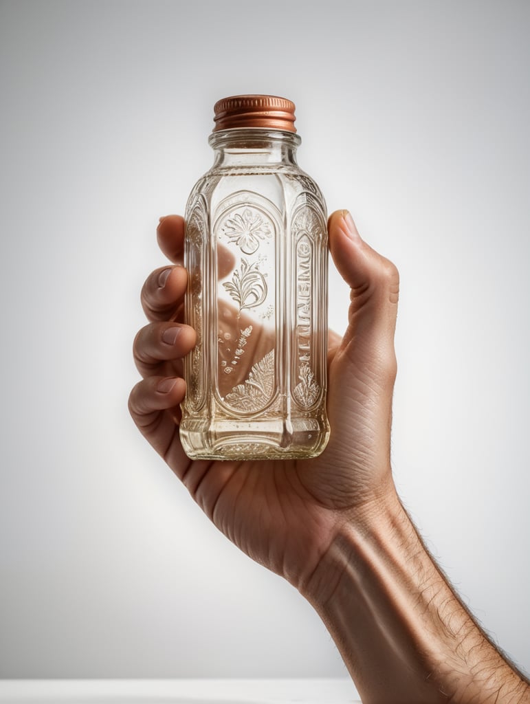 realistic hand holding a bottle, clear, isolated, white background