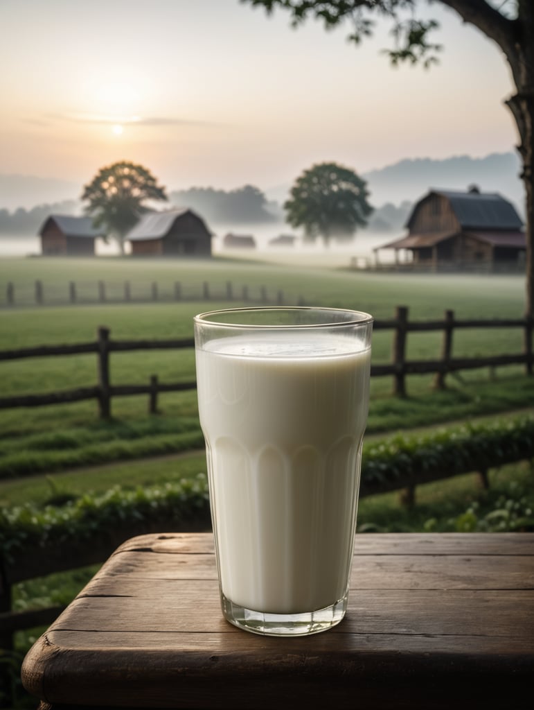 A mockup of a glass of milk, early morning, fog, farm blurred background