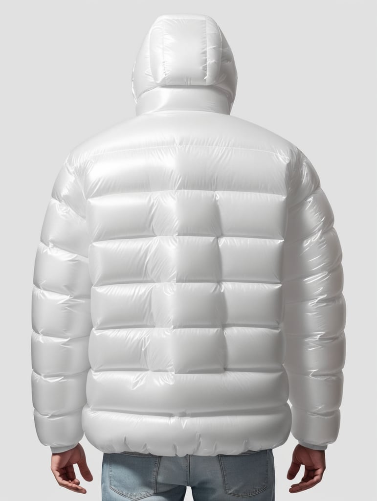 Inflatable white minimalist man's puffer jacket, back view, transparent, isolated, grey background, mockup