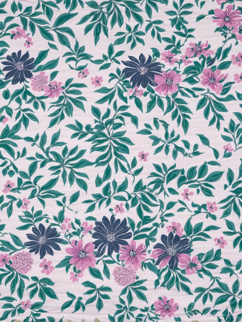 Fabric design for a bedspread with elements shades of pink flowers and green leaf