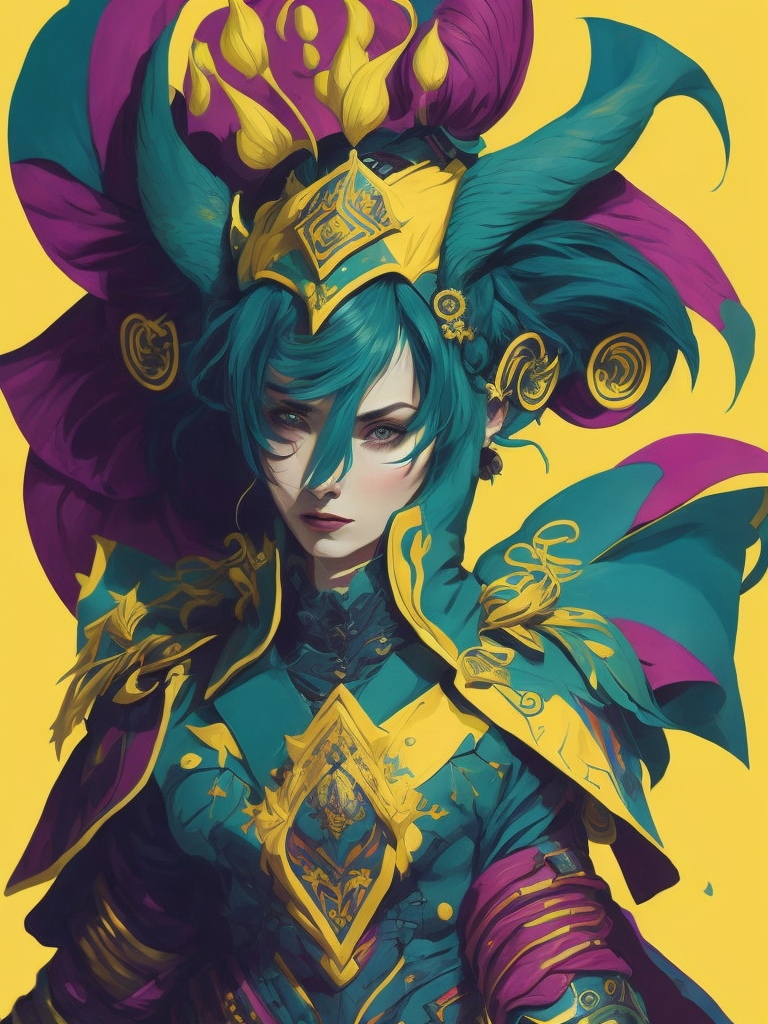 an original illustration by guy ym, in the style of vibrant color scheme, cosmic jester, teal and yellow, stylish costume design, multidimensional layering, duckcore, neon color palette
