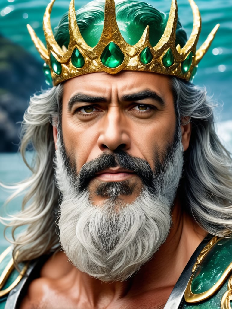 portrait of Jeffrey Dean Morgan as King Triton, with long gray hair, long gray beard, perfect muscular body, crown made of shark teeth with gold details, with gold bracelets, holding Poseidon's trident, with armor made of silver sea shells, tail of green merman, full body on the bottom of the clear ocean, Himachal Pradesh, clear facial features, Cinematic, 35mm lens, f 1.8, lighting highlight, global illumination -- illuminated --v 4