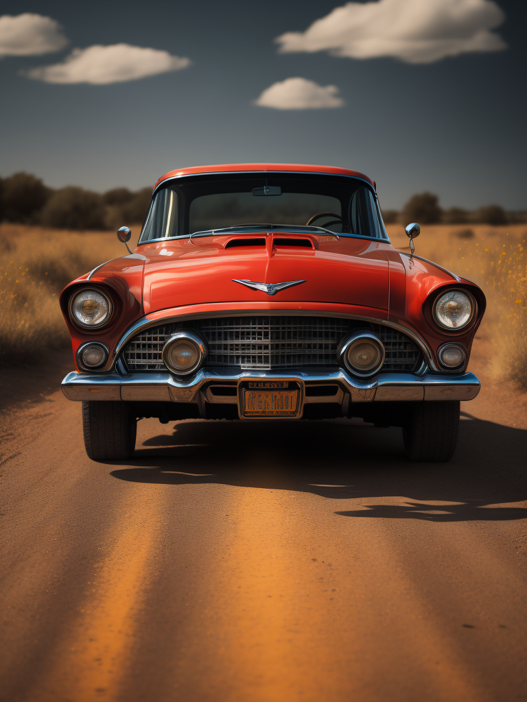 Red ford thunderbird 1955 old fashion truck driving down a dirt road in the country