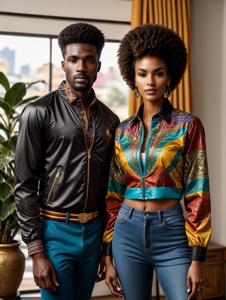 The assemblage has a very naturalistic style, with trademark use of bold colors and brushstrokes. Sportiv man and women ebony mannequins, afro dandy, athletic shape, 80's style, afrobeat, custom made jacket African shirt, colorful fabric, african curtain, fashion, ebony, black, mannequin, 3d model, couple, centered image