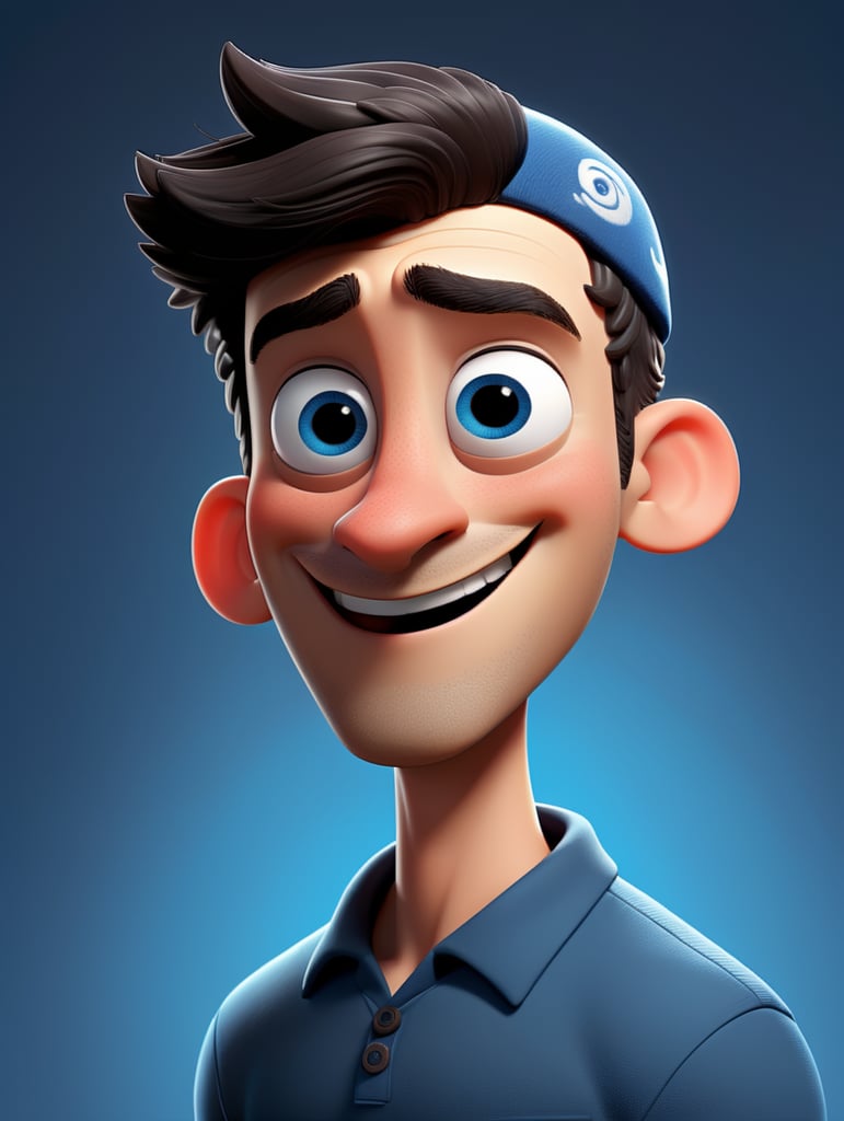 a young man, creative, and kind-hearted person with dark hair, blue eyes, a small nose, and a smiling mouth, wearing a navy yarmulke on his head, and standing centered in 3D style, rendered using, Pixar style.