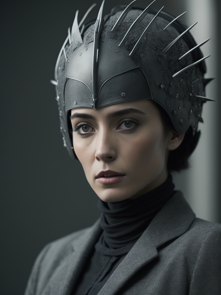a woman in a futuristic costume with spikes on her head and a helmet on her head Avant-garde Fashion