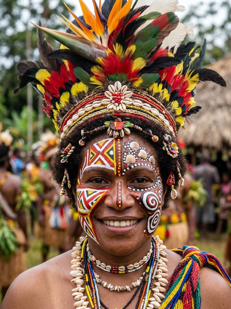 Papua New Guinea women headshot with colorful headgear, face paint showing paintings from Jiwaka, East New Britain and Goroka provinces