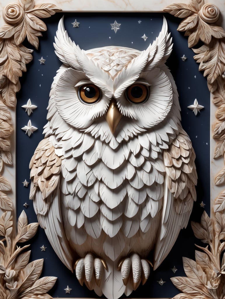 Picture an owl in 3D bas-relief, its feathers intricately detailed for a lifelike texture. Its wise, piercing eyes dominate the piece. A palette of browns and whites, set against a night sky backdrop, with a mystical, moonlit border.