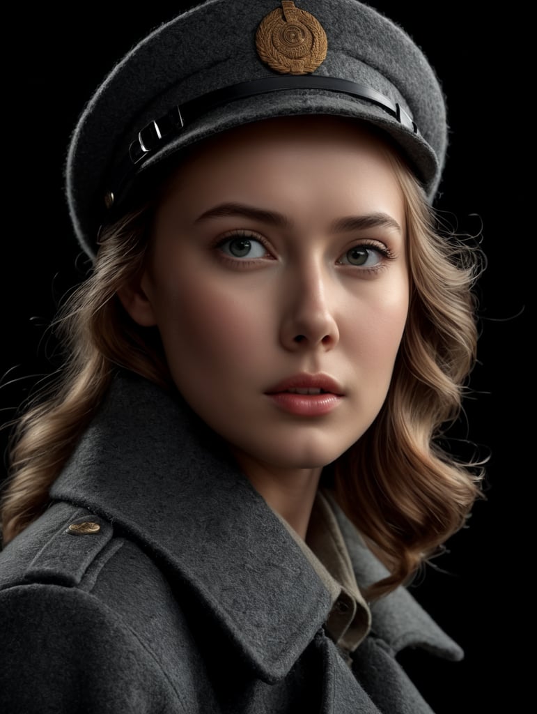 world war 2 era girl in an all-wool mackinaw, isolated, on a black background.