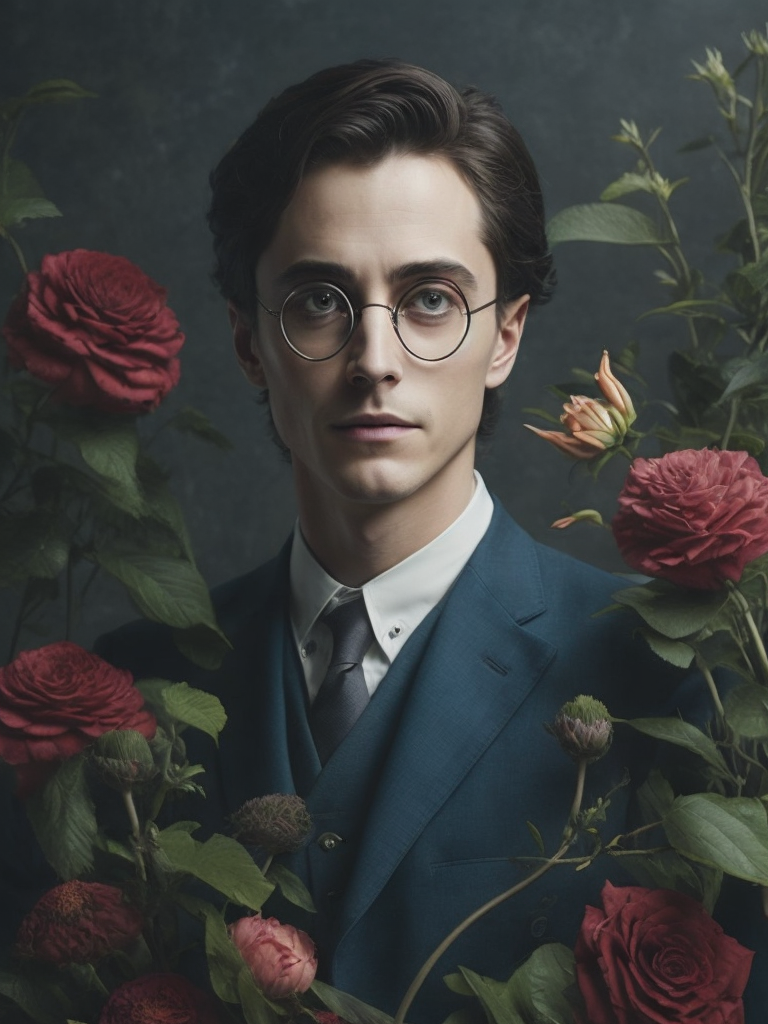 Harry potter with flowers, painted by rené magritte