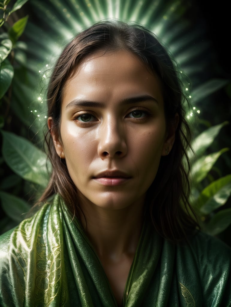Portrait of a woman experiencing spiritual experience, wrapped green film