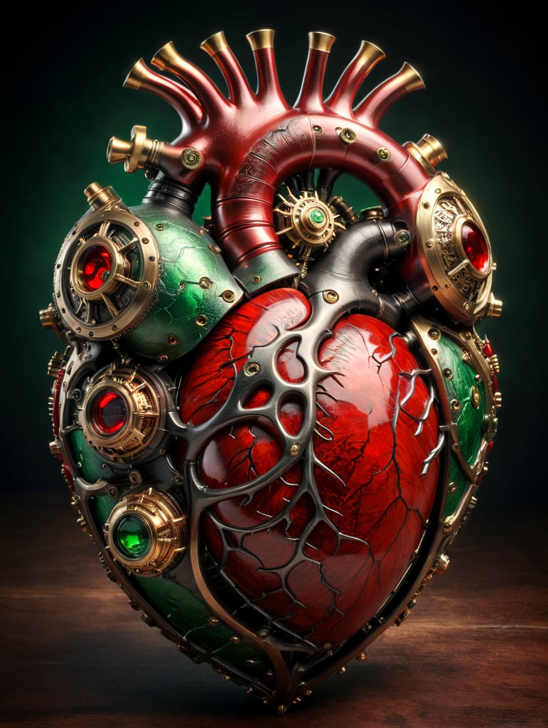 human heart made by a skilled craftsman in medieval steampunk style with red and green color