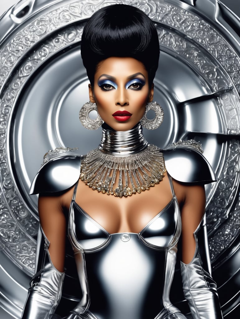 Donyale luna, avant-garde, simplygo, photoshoot spread, dressed in all chrome, foil background, harpers bizarre, cover, headshot, hyper realistic