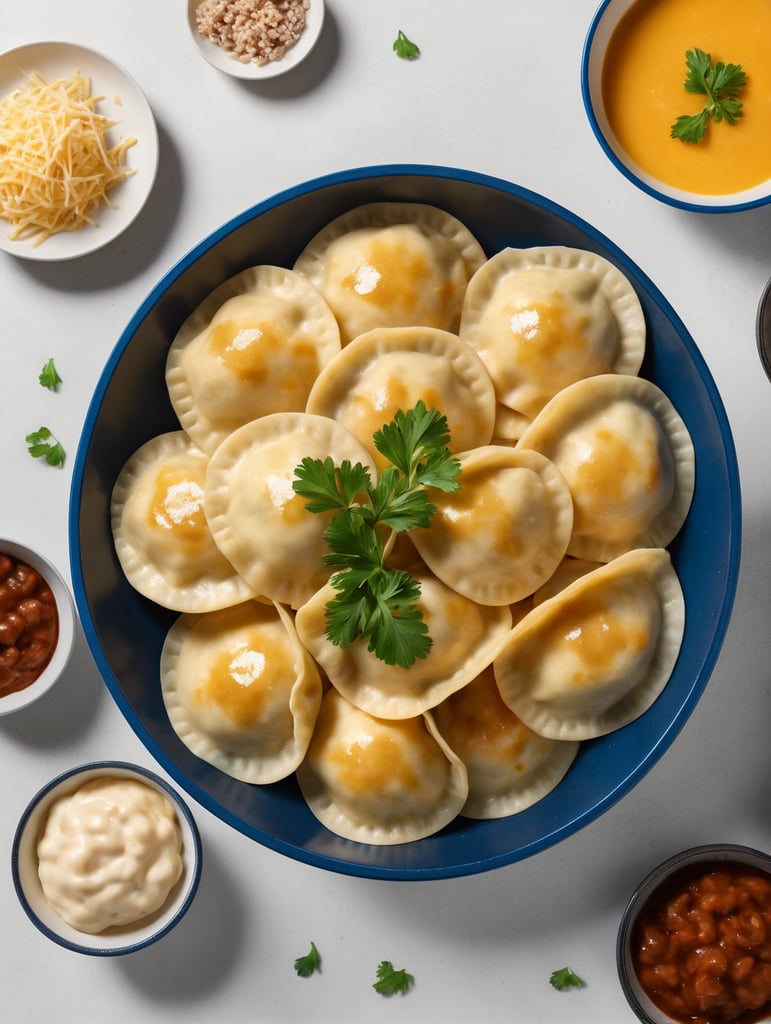 Polskie Pierogi z serem w misce z niebieskim brzegiem ułożone na stole z białych desek widziane z góry flat lay