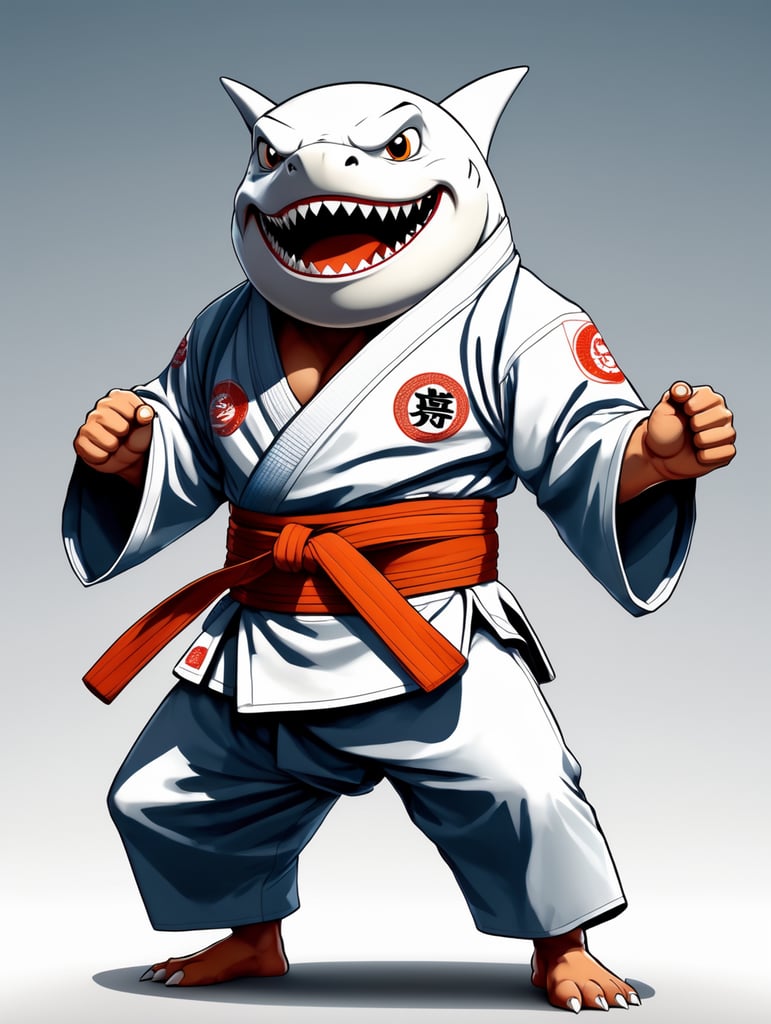 humanoid cartoon shark in judo kimono stay in action pose and angry face