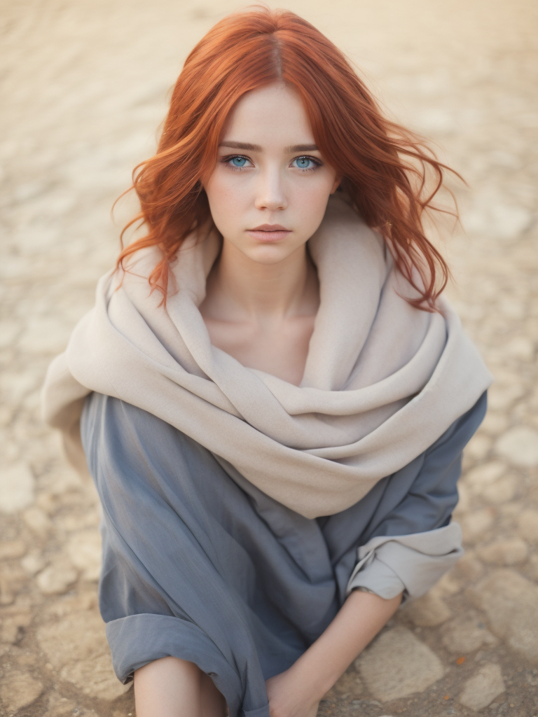 big blue eyes girl, red hair, hyper realistic, photo-realistic