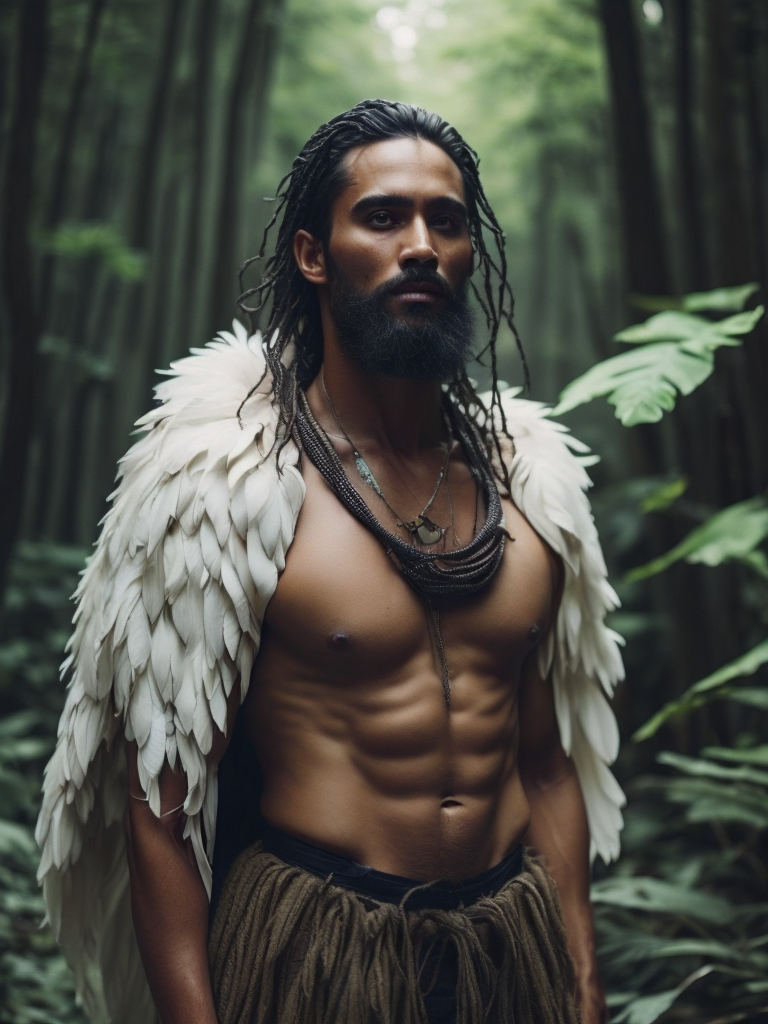 Um indígena com uma vestimenta de penas brancas no meio da floresta fechada