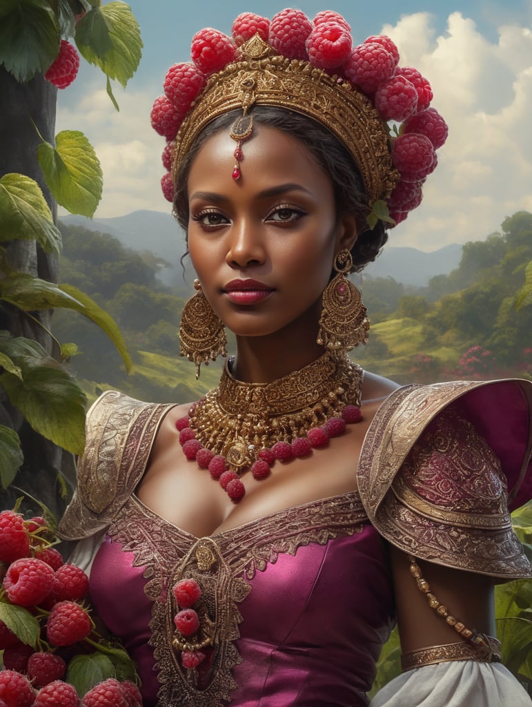 Portrait of a Beautiful women from African fairy tale wearing traditional costume around bunches of raspberry